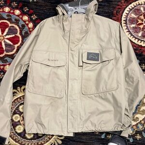 Simms Mens fishing light shell wading jacket, seamed sealed, tan, 100% nylon, XL